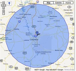 a google map with a blue cirlce indicating our service area of 50 miles around Columbus Georgia.